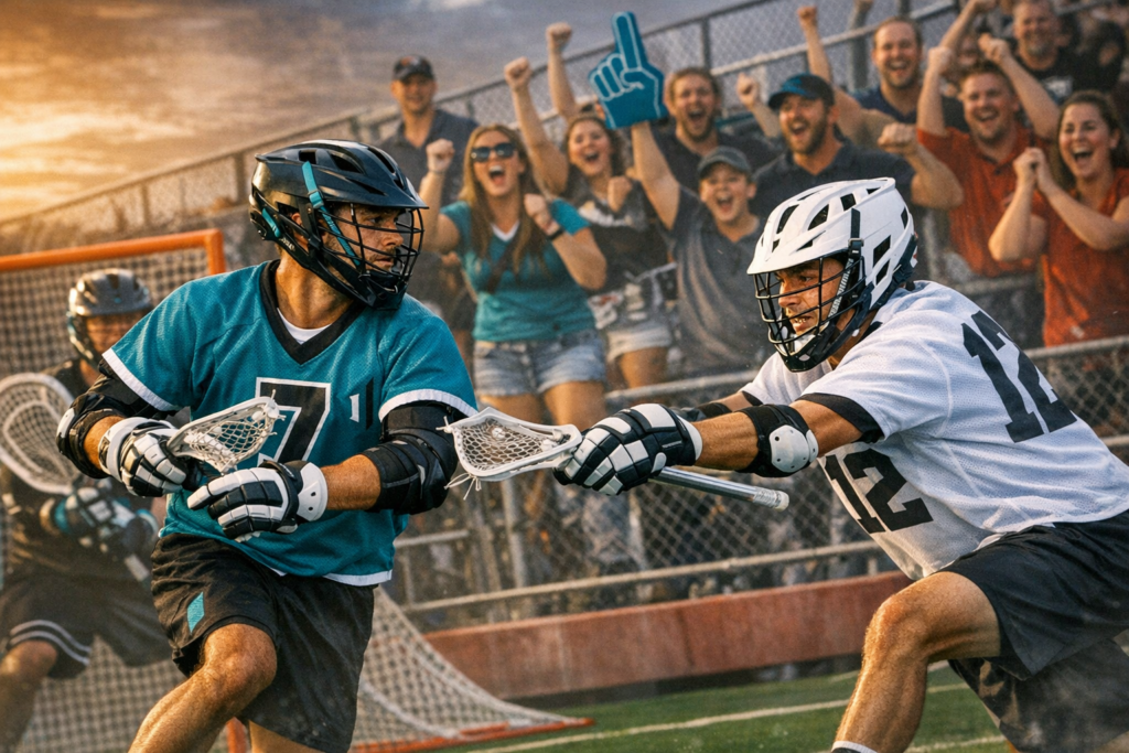 lacrosse players in action with cheering fans